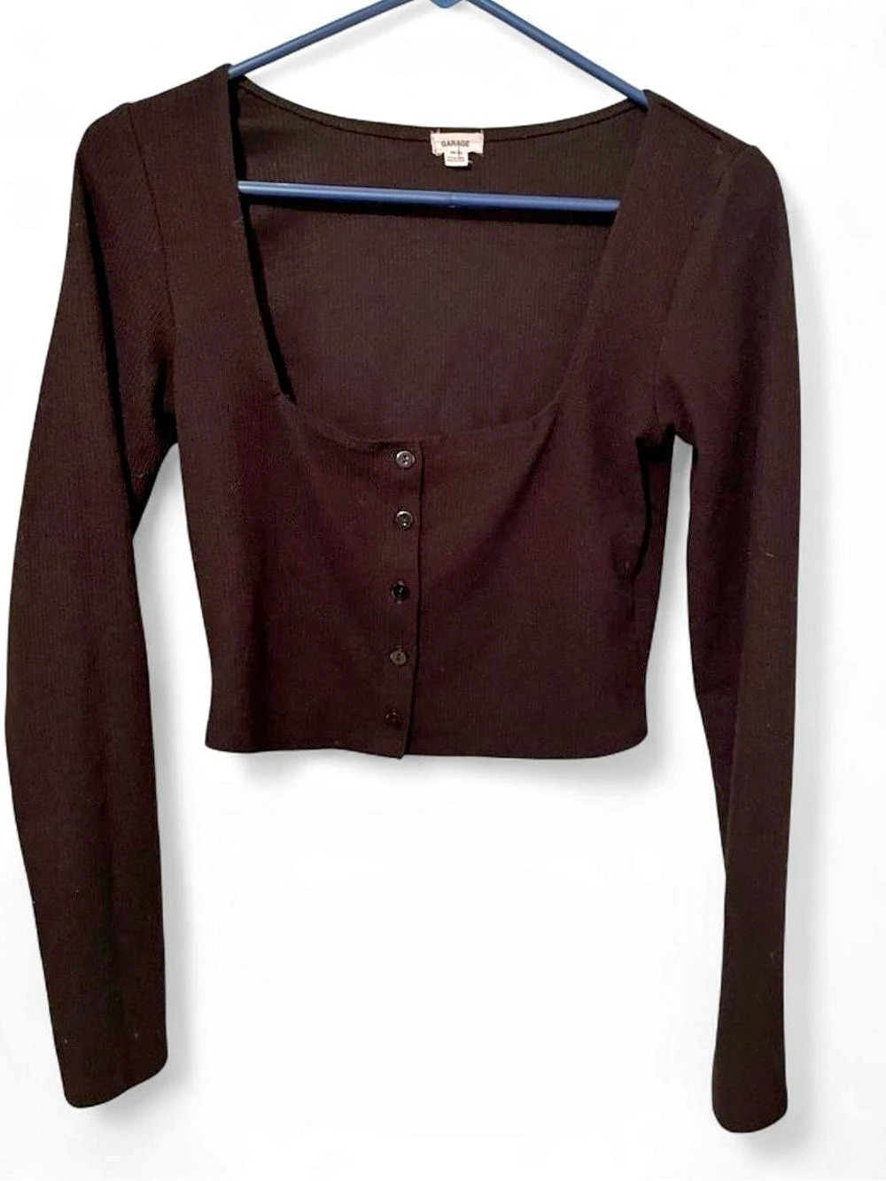 Garage Cropped Button Front Long Sleeve Top in black